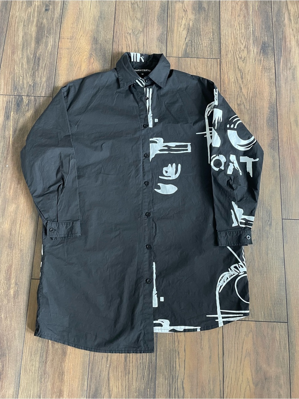 Black Button-Up Asymmetrical Shirt with White Graphic Print
